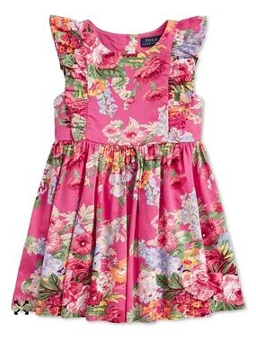 Polo Ralph Lauren Toddler Pink Floral Ruffle-Sleeve Girls CottonDress. Size 4T